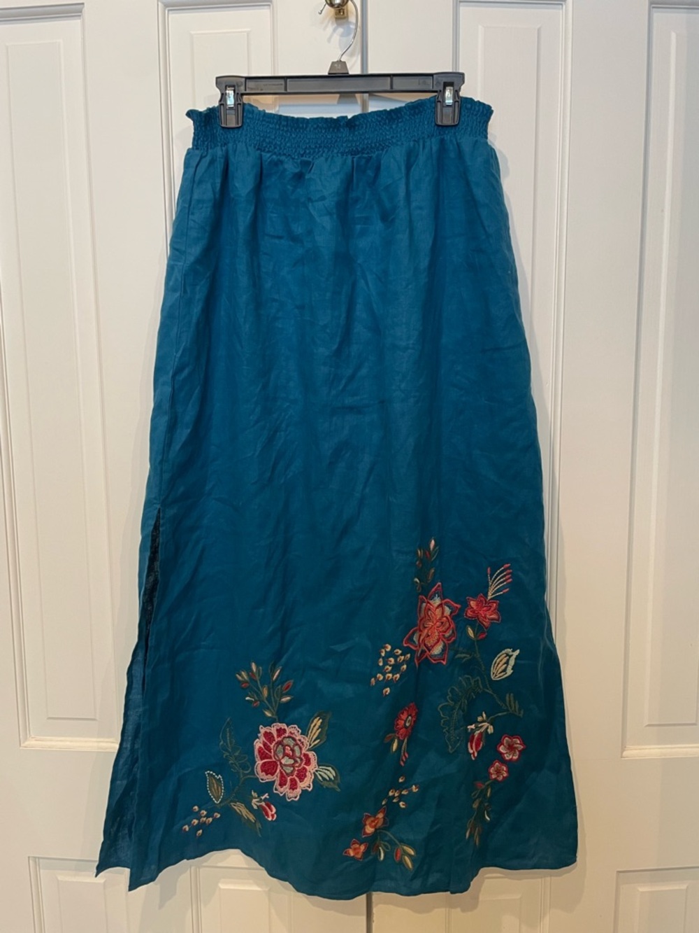 Johnny Was Teal Maxi linen Skirt with Floral Embroidery